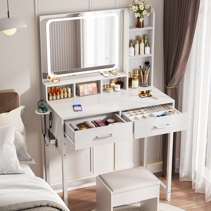 Makeup Vanity Desk with Mirror and Lights, Power Outlet,, White