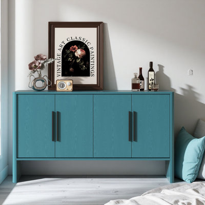 Grand buffet rétro à 4 portes avec tablettes réglables et longues poignées, conçu pour les cuisines et les espaces repas