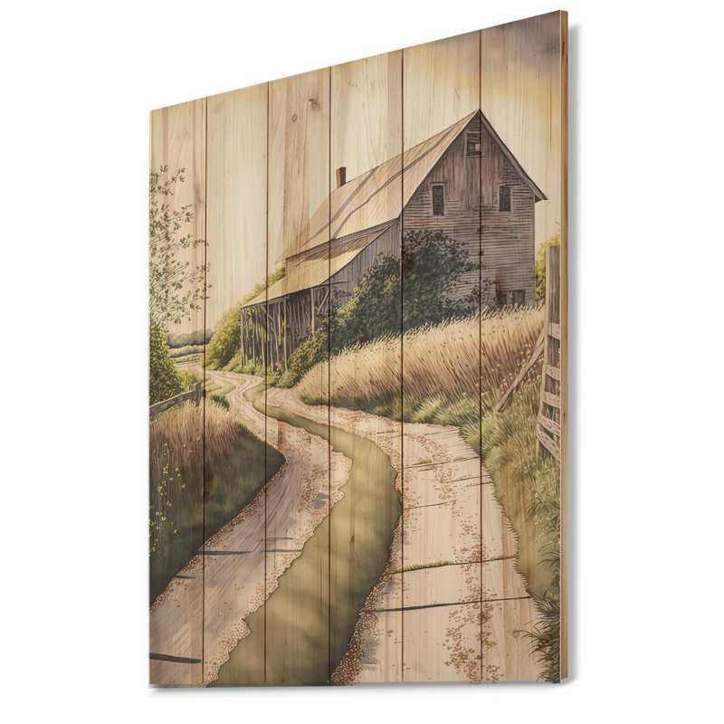 Morelle charmante grange et chemin II - impression sur bois sans cadre, H 32 po x l 16 po x P 1 po