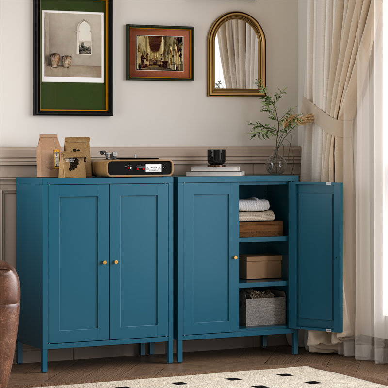  Metal Bathroom Floor Storage Cabinet With 2 Adjustable Shelves And 2 Doors, Blue, Blue