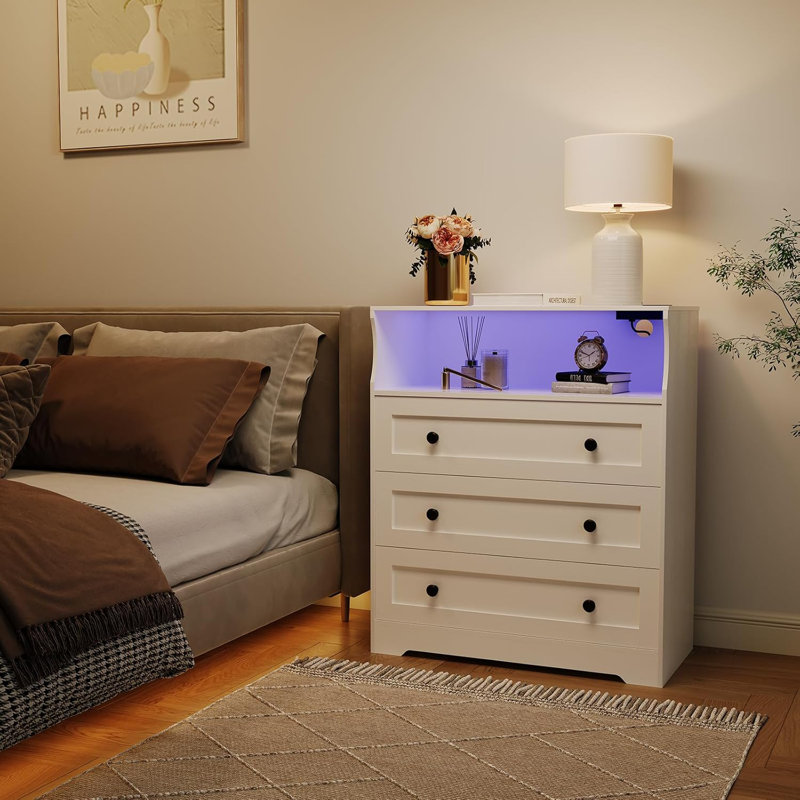 Commode 3 tiroirs avec station de charge et lumières DEL, Blanc