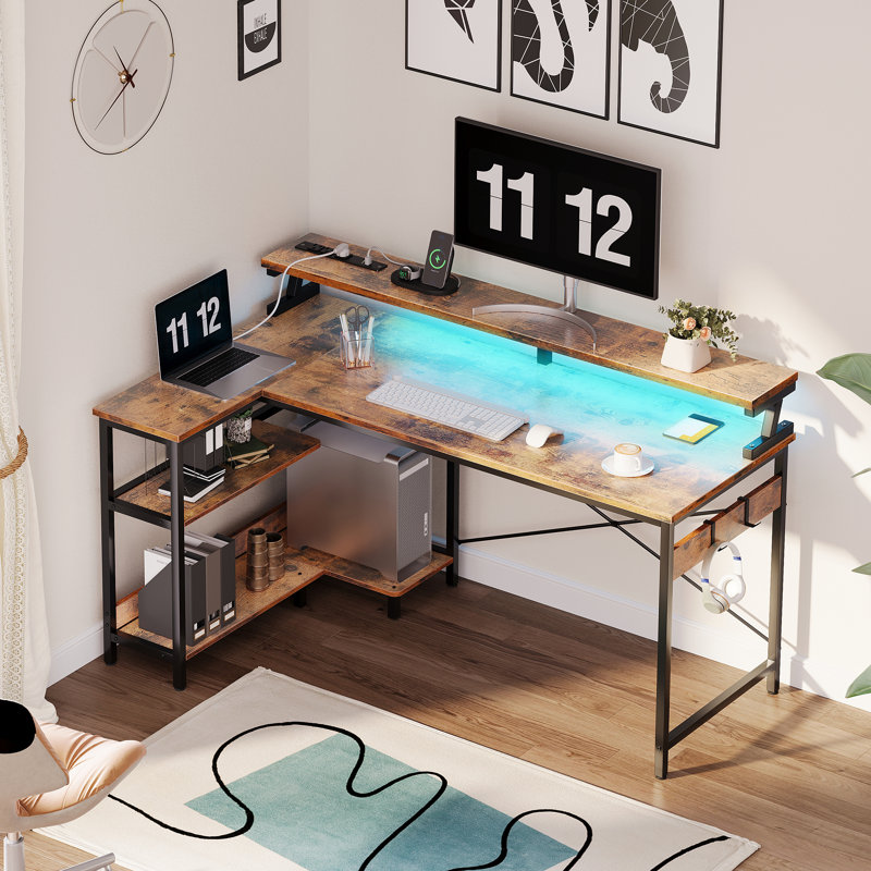 Gaming Desk With Led Strip, Computer Desk With Cpu Stand And Monitor Shelf,l-shaped Writing Desk With Versatile Iron Hooks And Ample Storage Space, Home Office Desk With Built-in Power Outlets