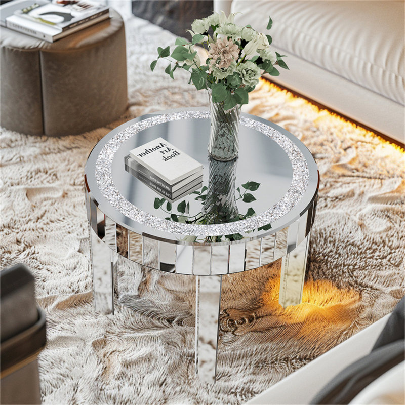 60cm Round Mirrored Coffee Table Glitz Sparkle Diamond Sofa Side Table with Crushed Crystal Inlay