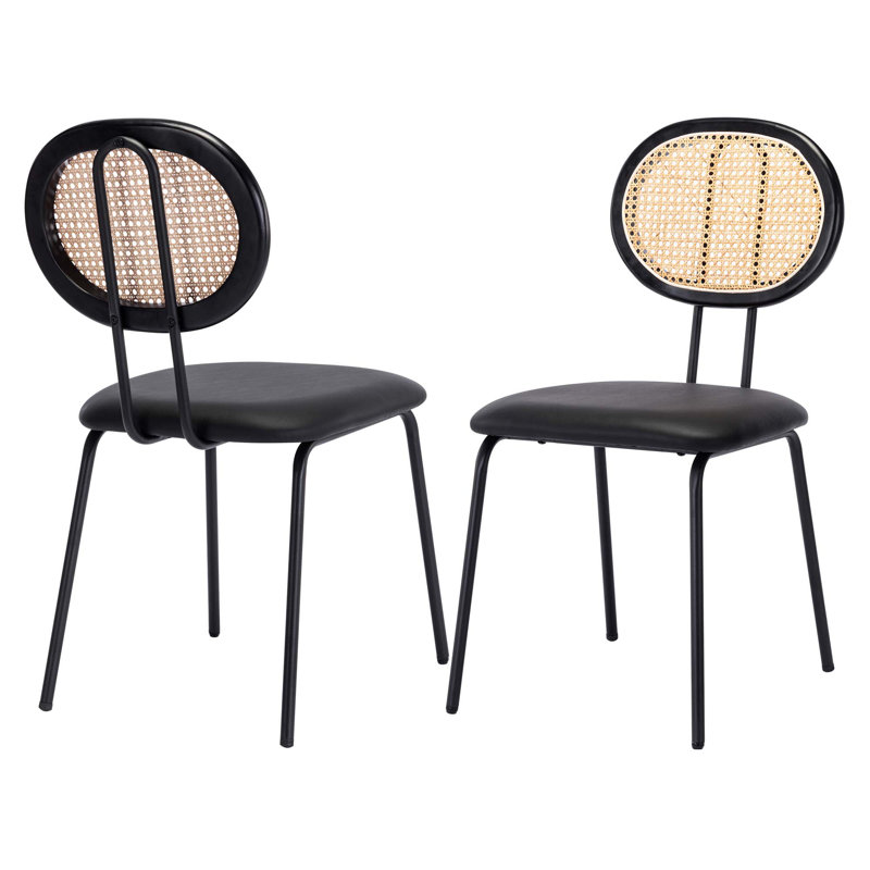 16" Wide Mid-Century Modern Farmhouse Rattan Backrest Leather Seat Dining Chairs, Black, Matte Black
