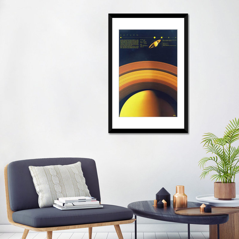 2046 Design «Saturn» - Impression sur toile tendue, H 24 po x l 16 po x P 1 po, Papier d'art encadré noir, Blanc