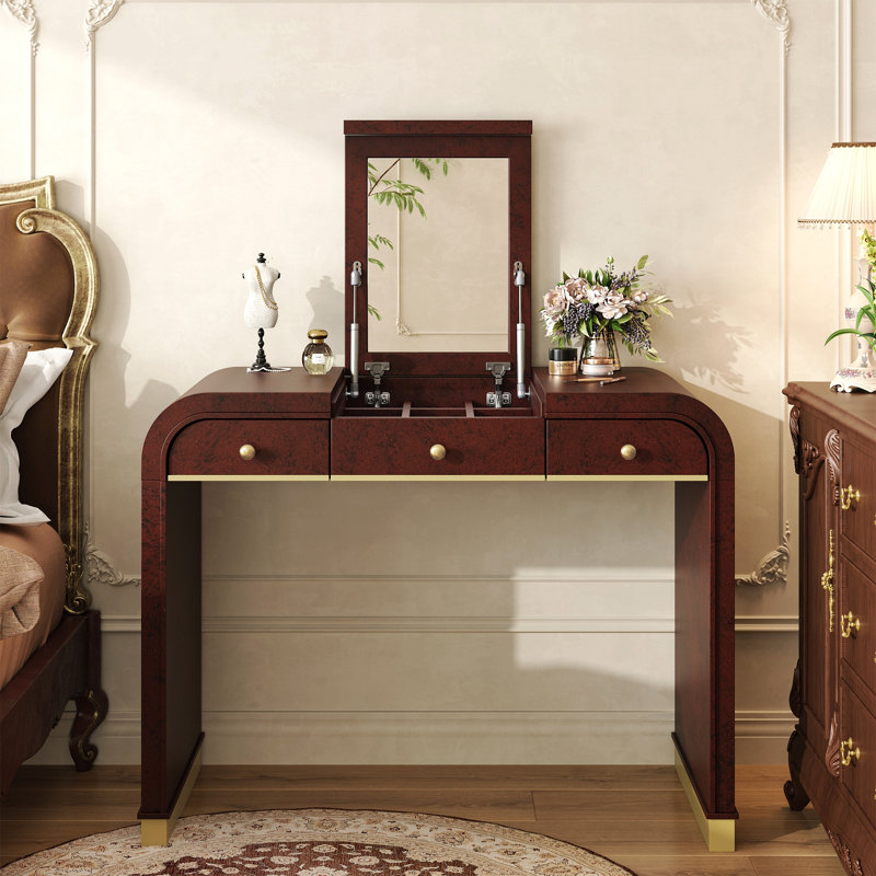 Bureau de coiffeuse classique en bois avec miroir rabattable, coiffeuse 3 en 1 avec 2 tiroirs et espace de rangement pour la chambre à coucher