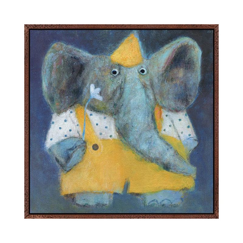 The Elephant In The Party Hat by Natalia Shaloshvili - Painting on Canvas, Classic Brown Wood Framed
