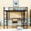 Lit mezzanine double avec long bureau et tablettes, garde-corps