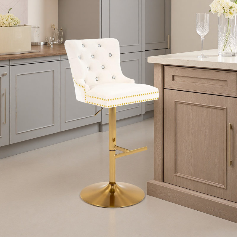 Tabouret de bar, fauteuil en velours avec fonction pivotante et base en métal, tabourets de bar en métal, Blanc / Doré
