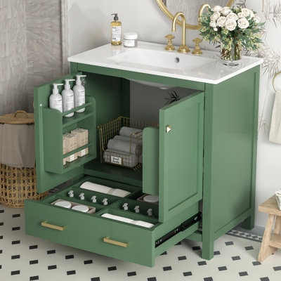 Meuble-lavabo de 30 po avec lavabo simple, meuble-lavabo encastré, rangement multifonctionnel, fermeture en douceur, structure en bois massif
