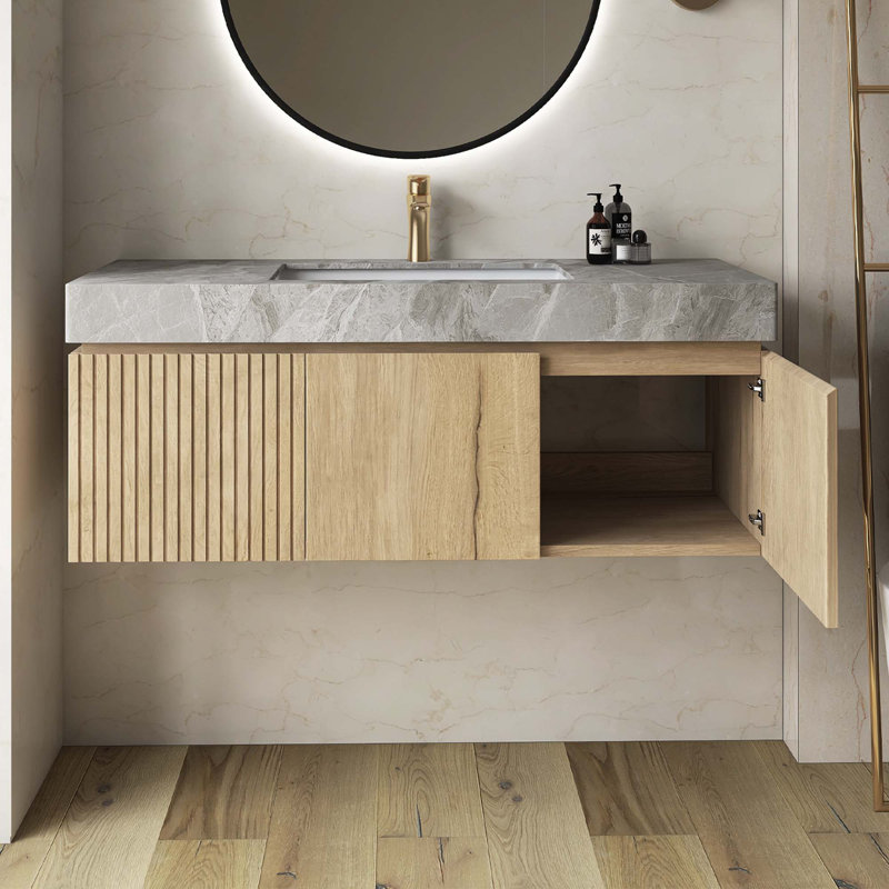Meuble-lavabo mural pré-assemblé en contreplaqué avec lavabo, tiroir et portes, Beige