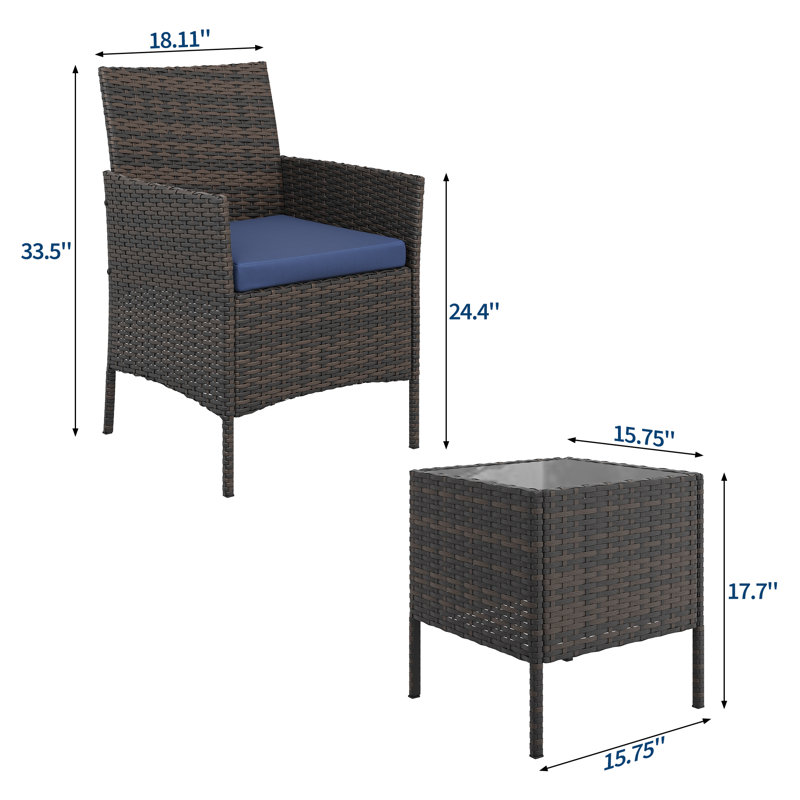 3-Piece Patio Bistro Set,Brown Gradient Four-Line Rattan Wicker,Blue Cushions,Tempered Glass Table,All-Weather Outdoor Conversation Set for Garden,Poolside,Brown Gradient Four-Line Rattan+Blue Cushion