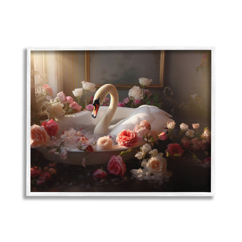 Cygne et roses de salle de bain, estampe numérique encadrée par Lazar Studio, Giclée encadrée blanc bord de mer