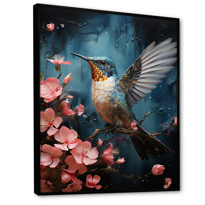 Art floral bleu colibri - Colibri, Cadre flottant noir, H 44 po x l 34 po x P 1,5 po