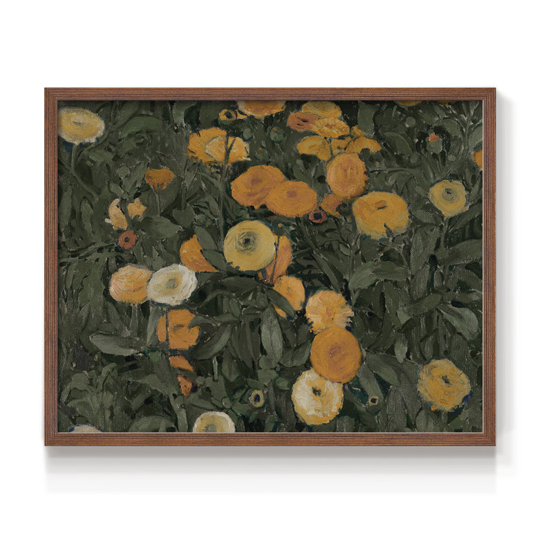 Motif floral rétro - CII - reproduction encadrée, H 8 po x l 10 po, Noyer