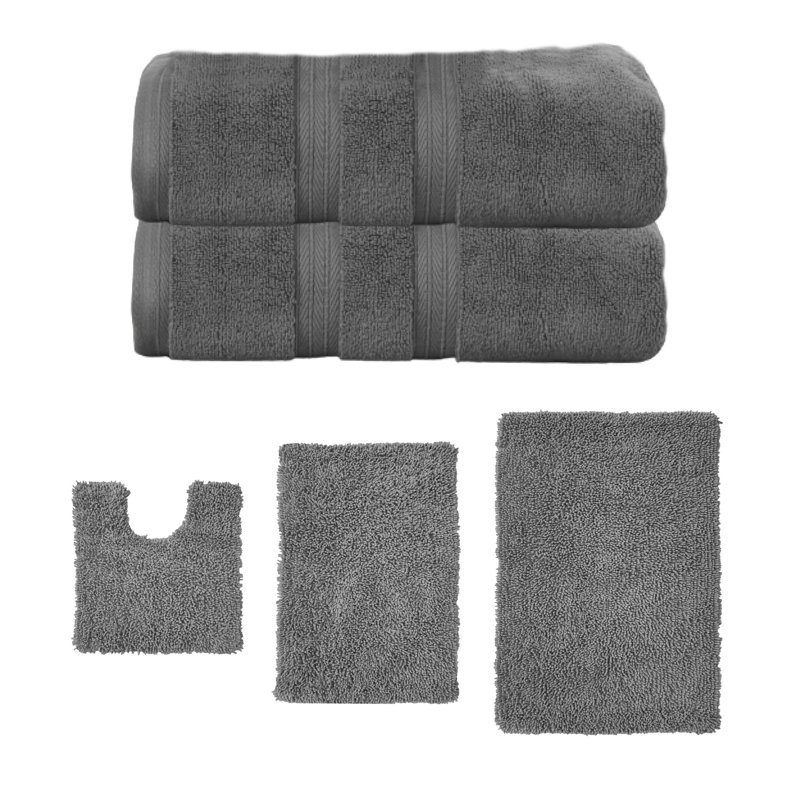 Bruno Collection 100% Soft Cotton 2 Pc Bath Towel Set & 3 Pc Bath Rug Set, (Set of 5), Dark Gray