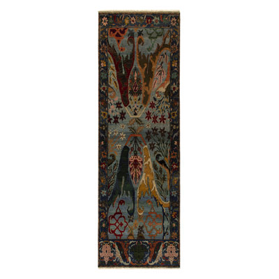 Wool Floral Area Rug in Blue/Gold/Red