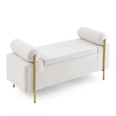 Elegant Upholstered Velvet Storage Bench with Cylindrical Arms and Iron Legs for Hallway Living Room Bedroom