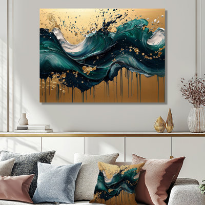 Yair Emerald Stone On Golden Rhythmic Drizzle II - Abstract Liquid ink Wall Art