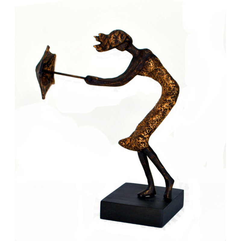 Lady Braving The Storm Decorative Figurine – Handcrafted Resin With Textured Bronze Finish, 13” Tall