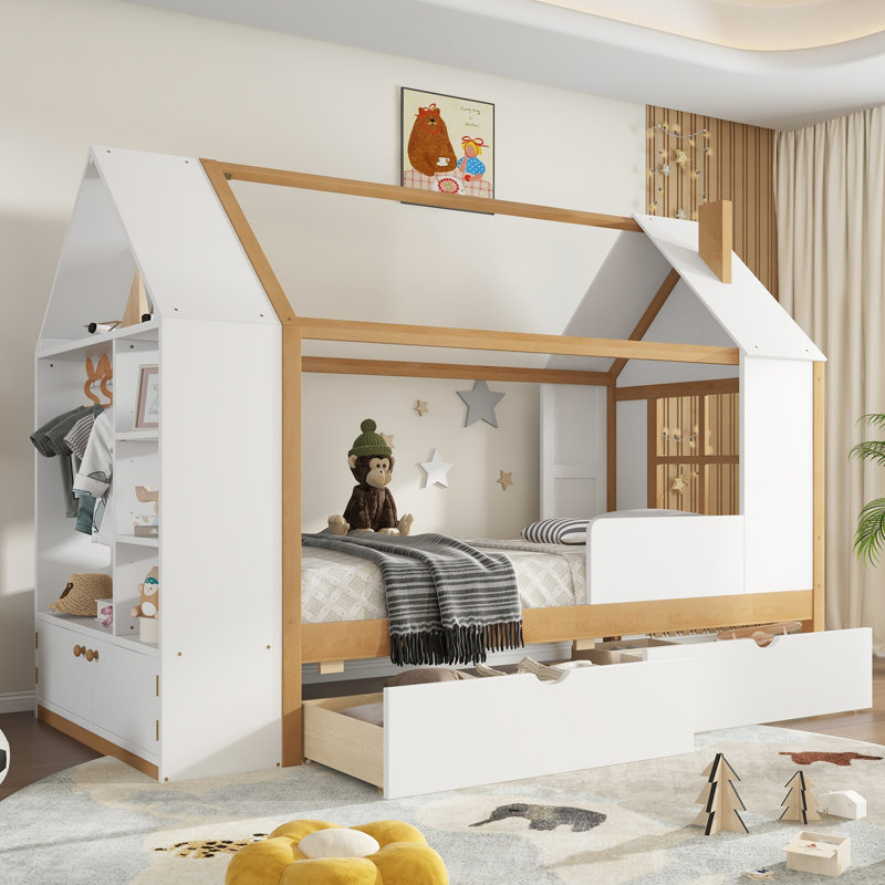Lit plateforme simple avec tiroirs, lit maison en bois massif avec tablettes, conception enfantine, blanc et naturel