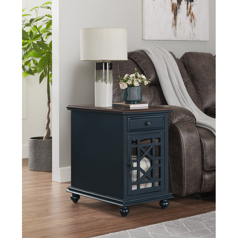 Ahmara End Table with Storage and Built-In Outlets, Coffee Walnut Top / Catalina Blue Base