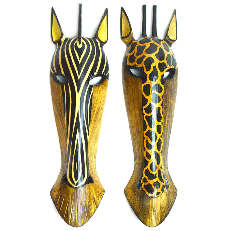 Mckeon 20 "ensemble de 2 masques ZEBRA GIRAFFE sculptés à la main en bois style africain tropical polynésien hawaïen Tiki