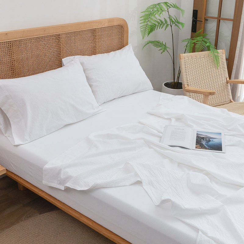 BESTOUCH Sheet Set 100% Washed Cotton Linen Feel Lightweight, Bright White, Twin Sheet Set with 1 Pillowcase