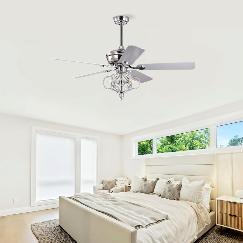 Crystal Ceiling Fan With Lights Fandelier Chandelier Reversible Blades 3 Wind Speeds Remote Control For Bedroom Living Dining Room Chrome 52 Inch