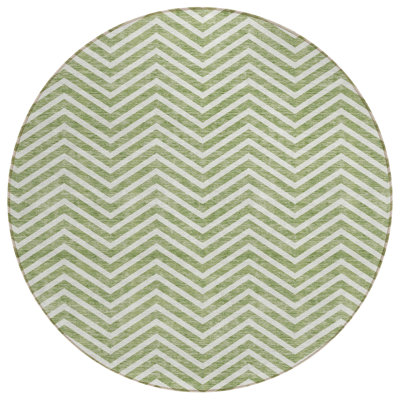 8' Green And Ivory Round Chevron Washable Indoor Outdoor Area Rug