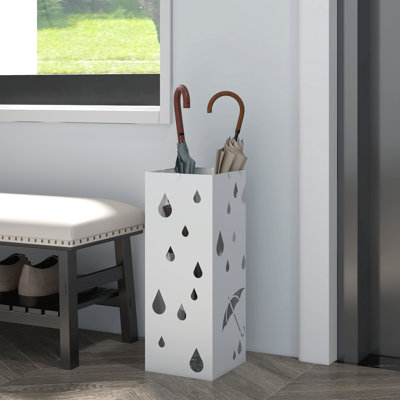 Casselli Metal Umbrella Stand, Square Umbrella Basket with 4 Hooks Drip Tray White