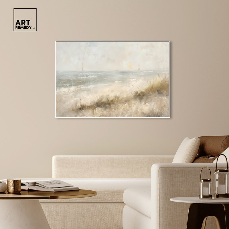 Early Morning On The Shore Beach Inspired Wall Art by Art Remedy, White Framed, 37" H x 55" W
