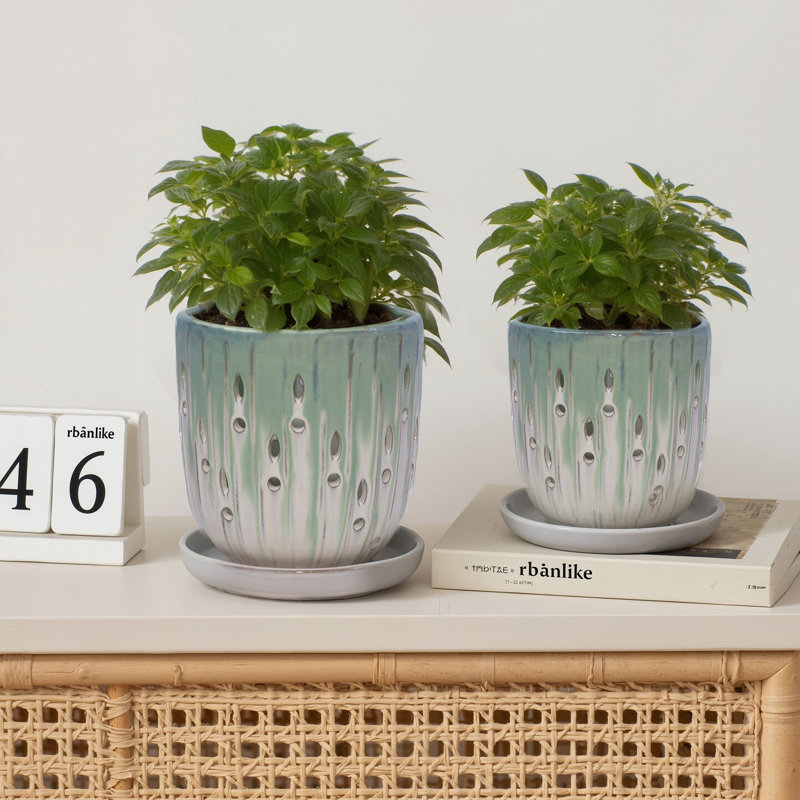 Ensemble de 2 pots de fleurs décoratifs pour l'intérieur et l'extérieur de 7 po, Vert / blanc antique