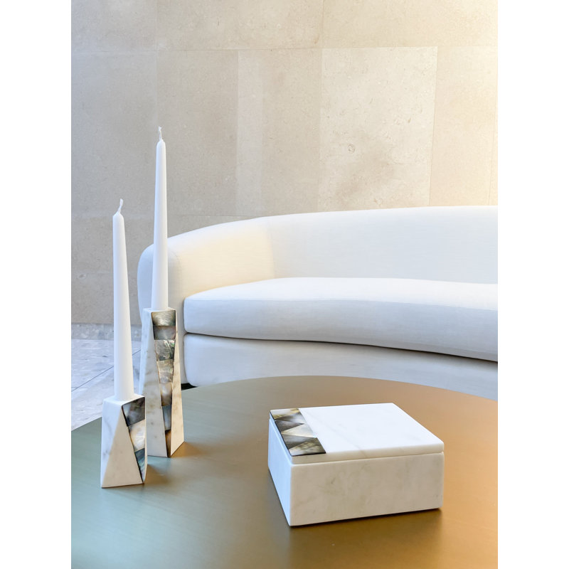 Mother Of Pearl Marble Candlestick, 8" H x 2" W x 2" D