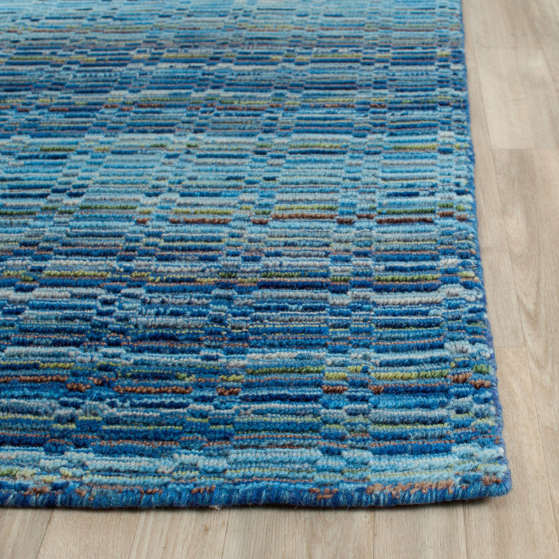 Tapis bleu abstrait en laine tissé à plat à la main Hossain, Rectangle 6 pi x 9 pi