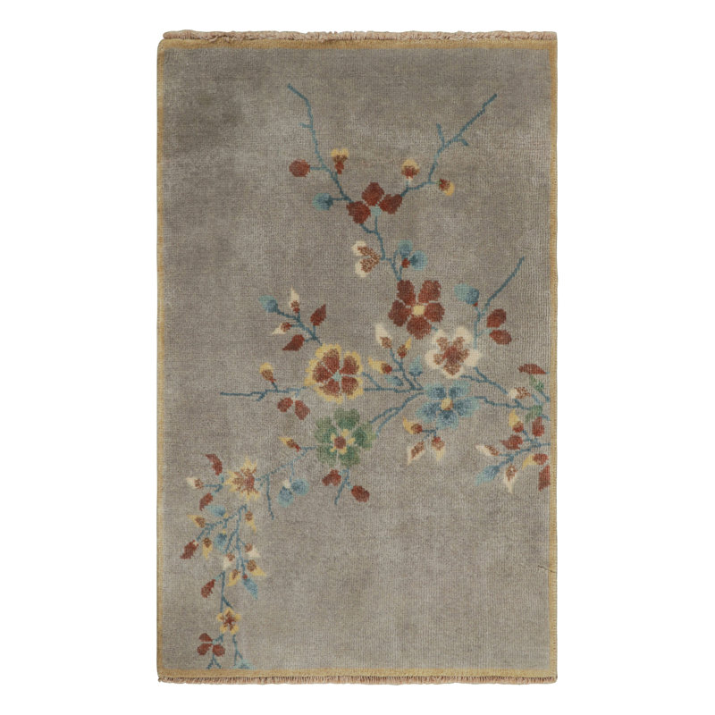 Art Deco Hand Knotted Wool Floral Area Rug, Rectangle 14' x 20'
