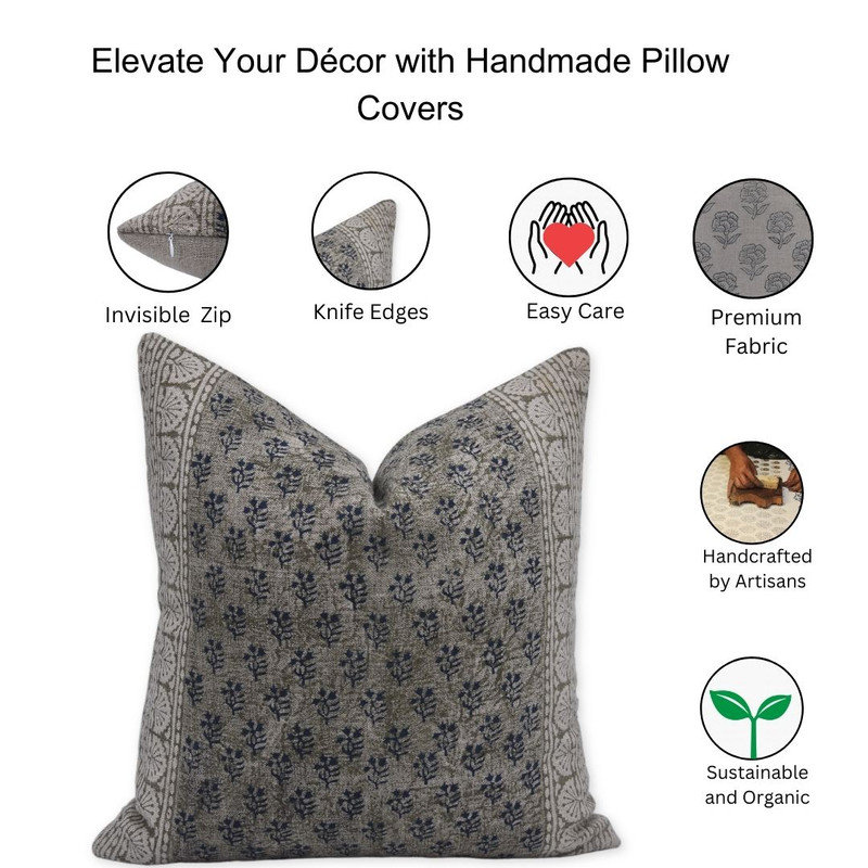 Linen Indoor/Outdoor Pillow Cover, Square, 22" x 22", Blue/Green/Beige Floral 1