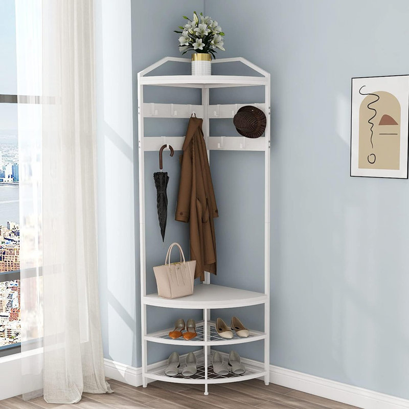 Portemanteau d'angle avec banc à chaussures - Portemanteau autoportant avec 10 crochets mobiles et rangement pour chaussures [Blanc] - [Bois / Moderne / Entrée]