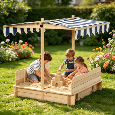 Outsunny Wooden Kids Sandbox with Cover, Outdoor Children's Sand Box with Foldable Bench Seats, Adjustable Canopy & Bottom Liner – Natural