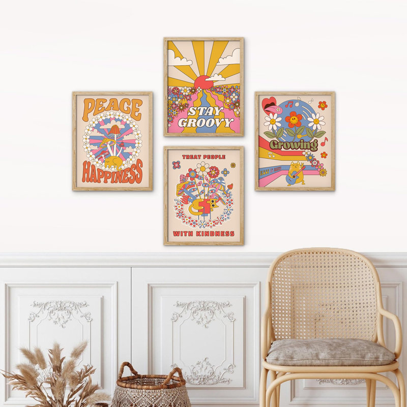 «Peace Happness Crowing Stay Groovy Blessing Quotes», reproduction d'art encadrée sur papier, 4 pièces, H 16 po x l 12 po