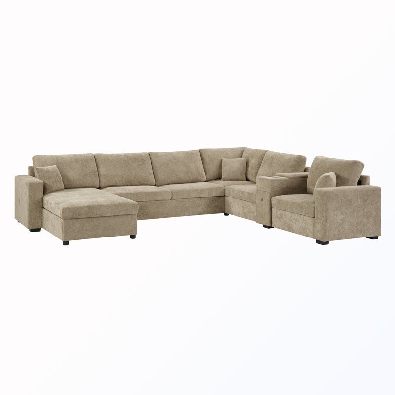 Canapé modulaire en U à 5 places avec méridienne et porte-gobelets, rangement et coussins, Brown Chenille