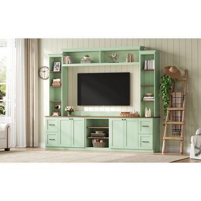 Meuble télé 41 po Mint, meuble audio-vidéo avec tablettes réglables en noyer, console multimédia rétro, tiroirs et unité murale pour installation à domicile
