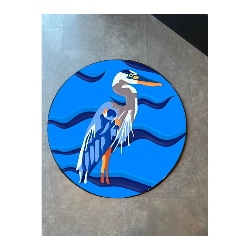 Blue Stork Themed Woven Floor Carpet, Round 5'