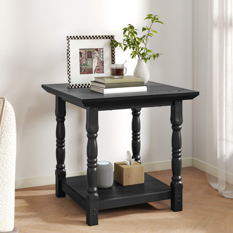  Table de bout carrée Mid-Century avec tablette et pieds tournés, Noir