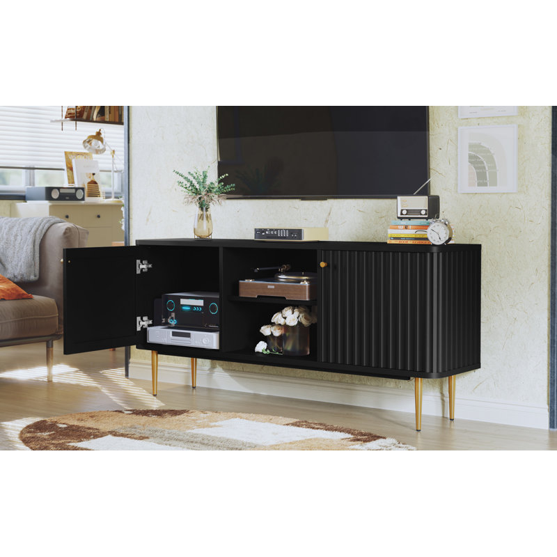 55" Modern Fluted TV Stand, Media Console with Gold Legs, Small Entertainment Center with Cable Management & Adjustable Shelves