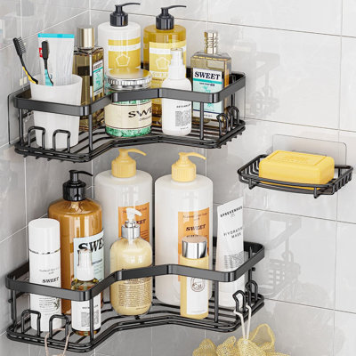 Serviteur de douche en coin, paquet de 3, organisateur de douche en acier inoxydable, tablette de coin avec 8 crochets, tablettes de rangement pour douche intérieure, noir