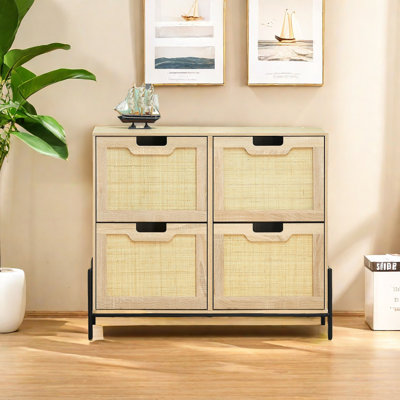 Shoe Cabinet With 4 Rattan Flip Door, Shoe Rack Storage Cabinet, Shoe Organizer With 3-tier Adjustable Shelves