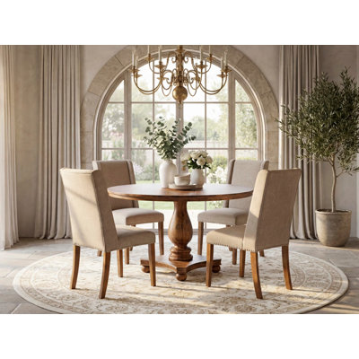 5-piece Dining Room Set consists of a kitchen table and 4 Light Tan Linen Fabric mid-century chair with Padded Back - Antique Walnut