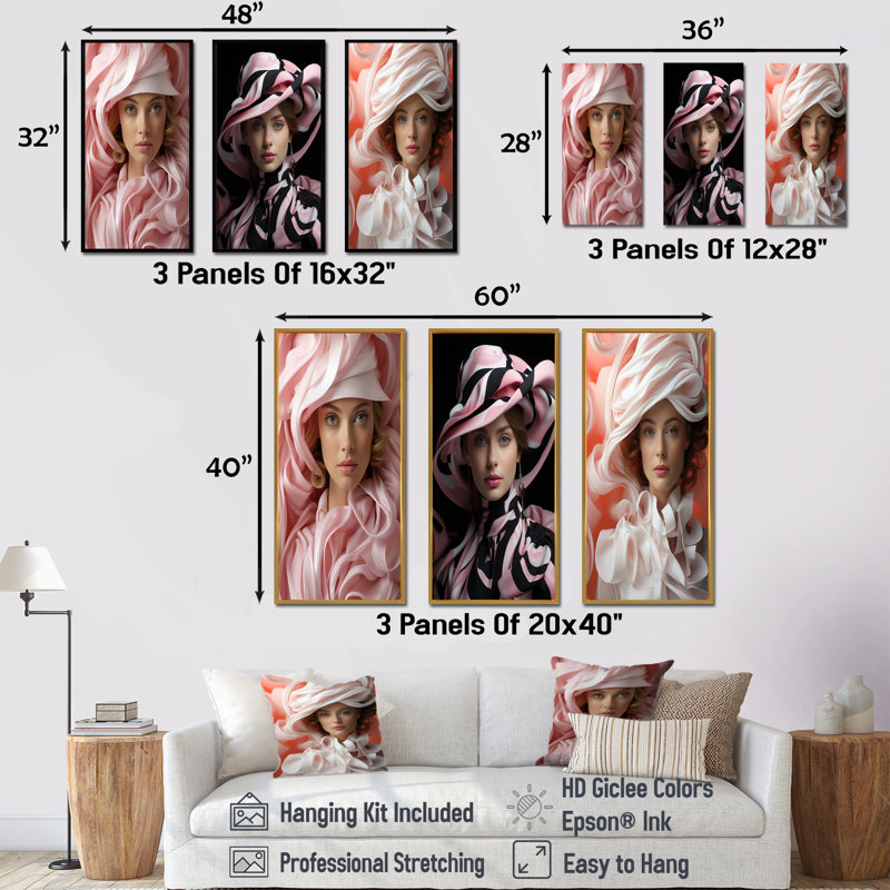 Femme chic avec chapeau - ensemble de 4 reproductions d'art mode, Cadre flottant blanc, H 32 po x l 48 po