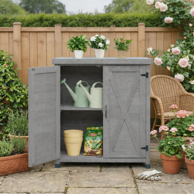 Banc de rempotage extérieur avec armoire de rangement et plateau de table en métal, poste de travail de jardin multifonctionnel